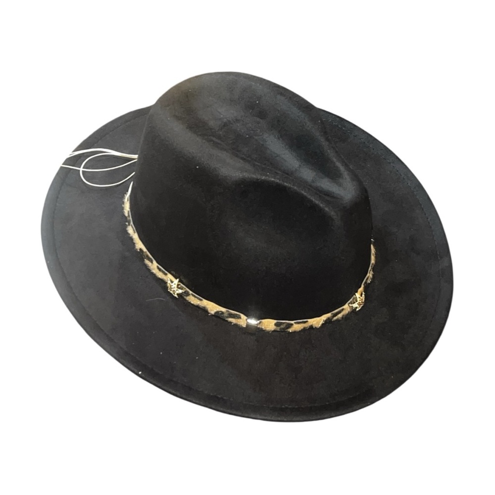 Stylish Black Wide-Brim Fedora Hat with Leopard Band NWT - Picture 2 of 14